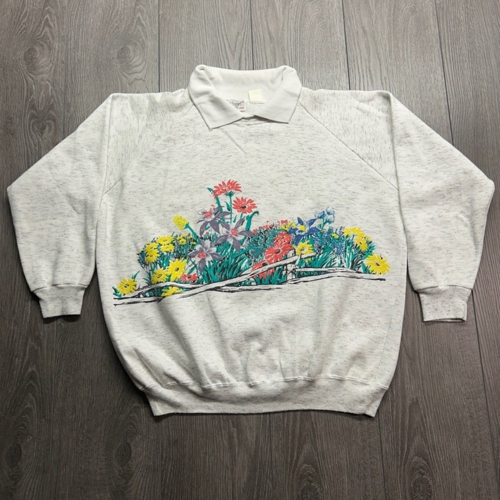 Vintage 80s Barbra Sue Sport Floral Garden Medium Polo Collar Sweatshirt Gray